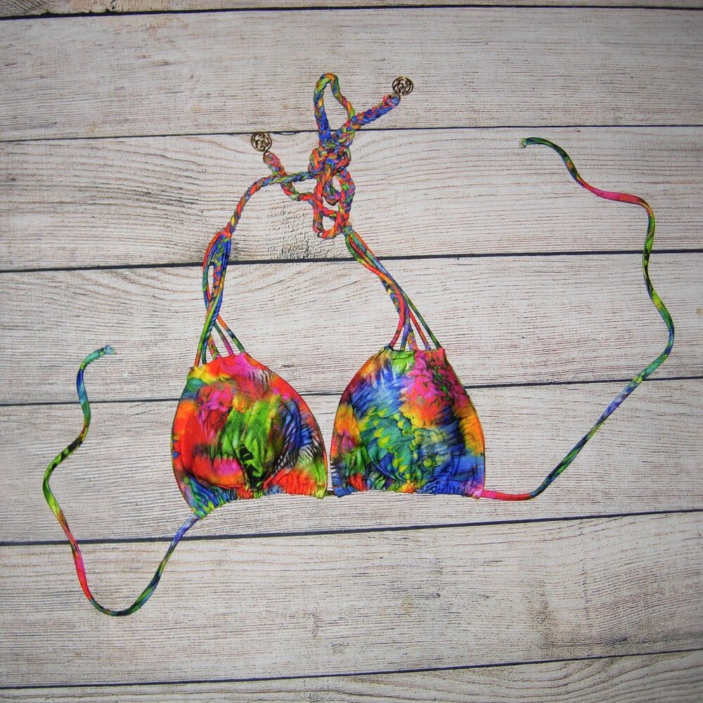 Luli Fama Triangle Bikini Top Multi Tie With Braided Strap M